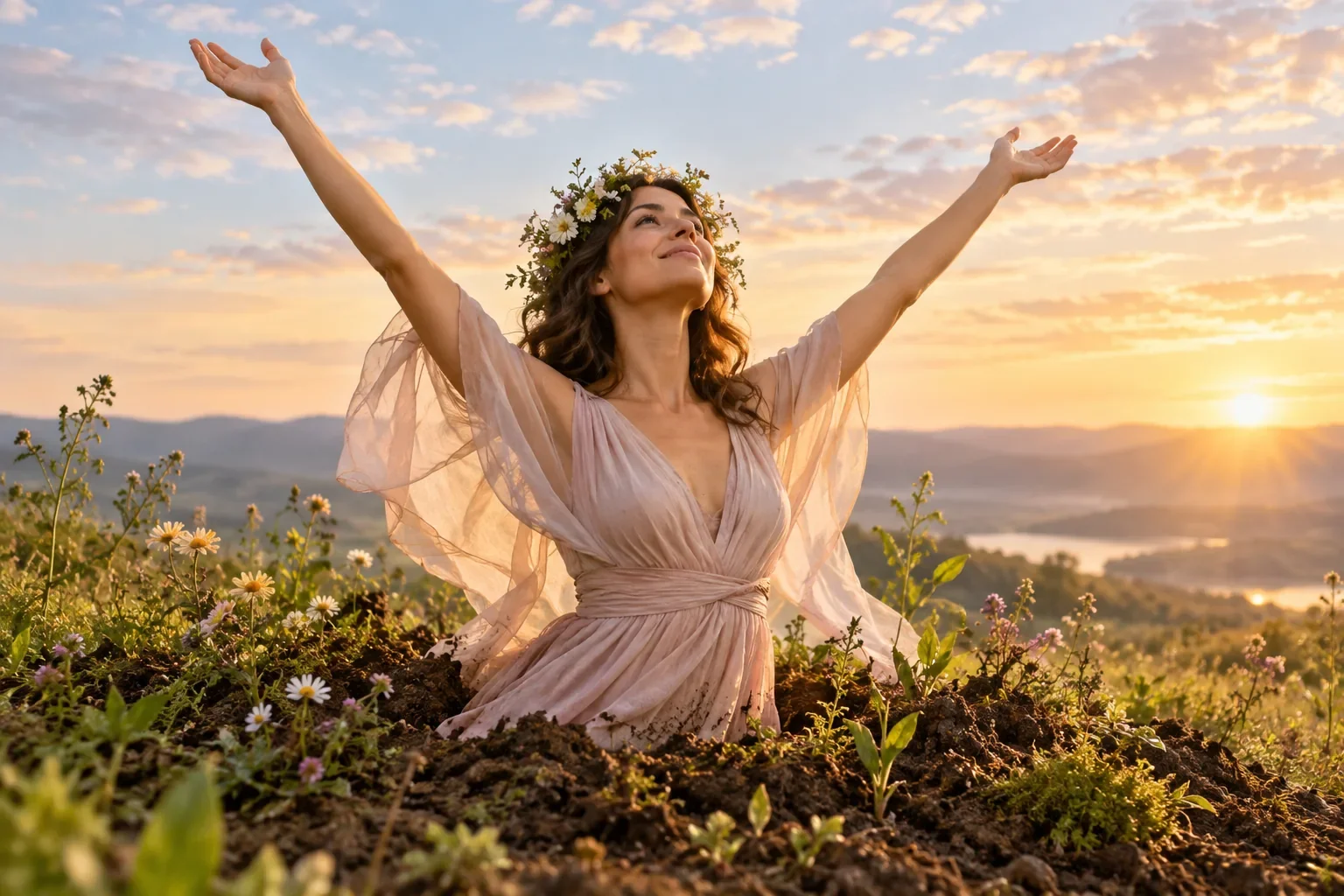 Mujer emergiendo de la tierra como símbolo de crecimiento personal y transformación