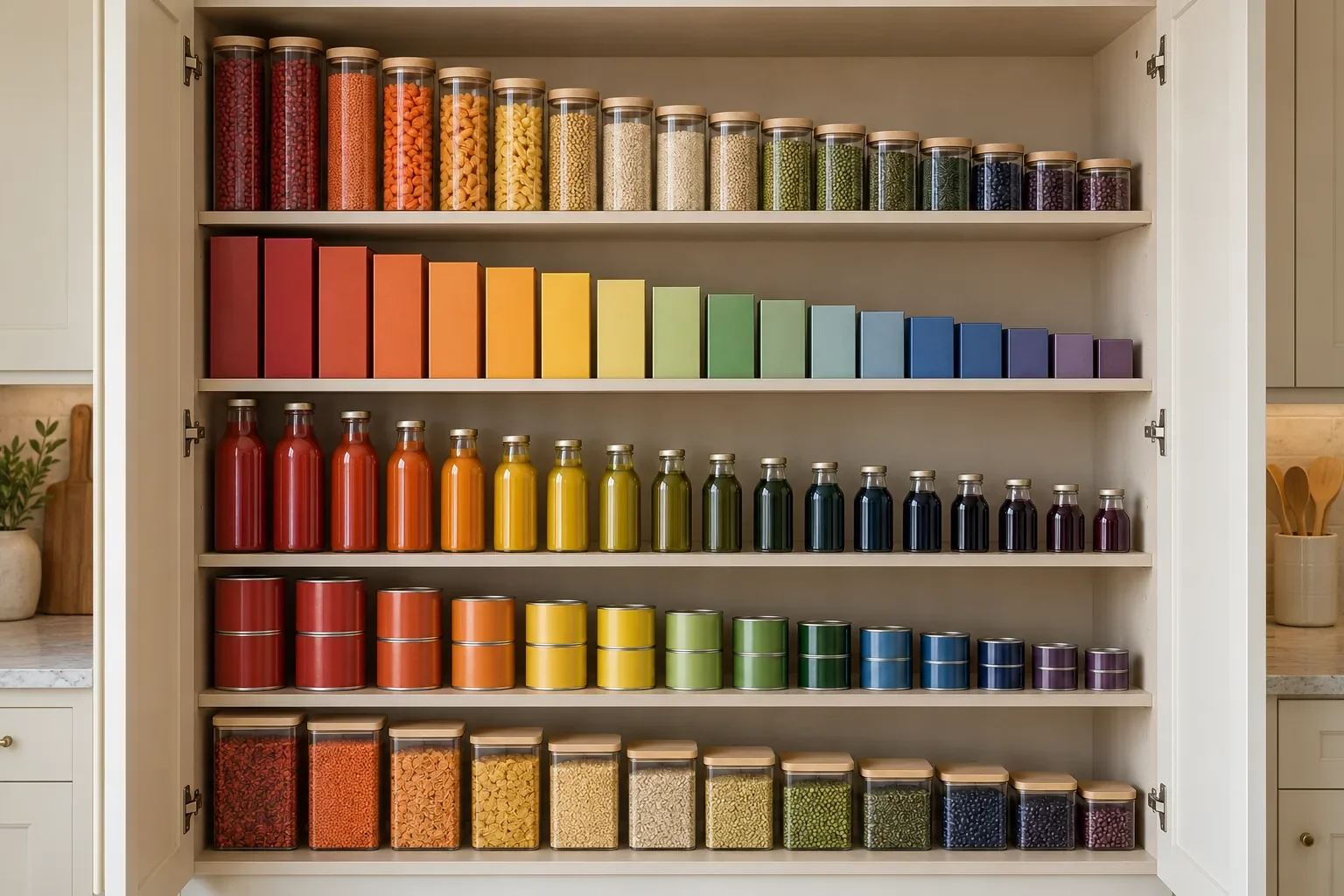 Armario de cocina con productos ordenados de forma extrema por tamaños y colores