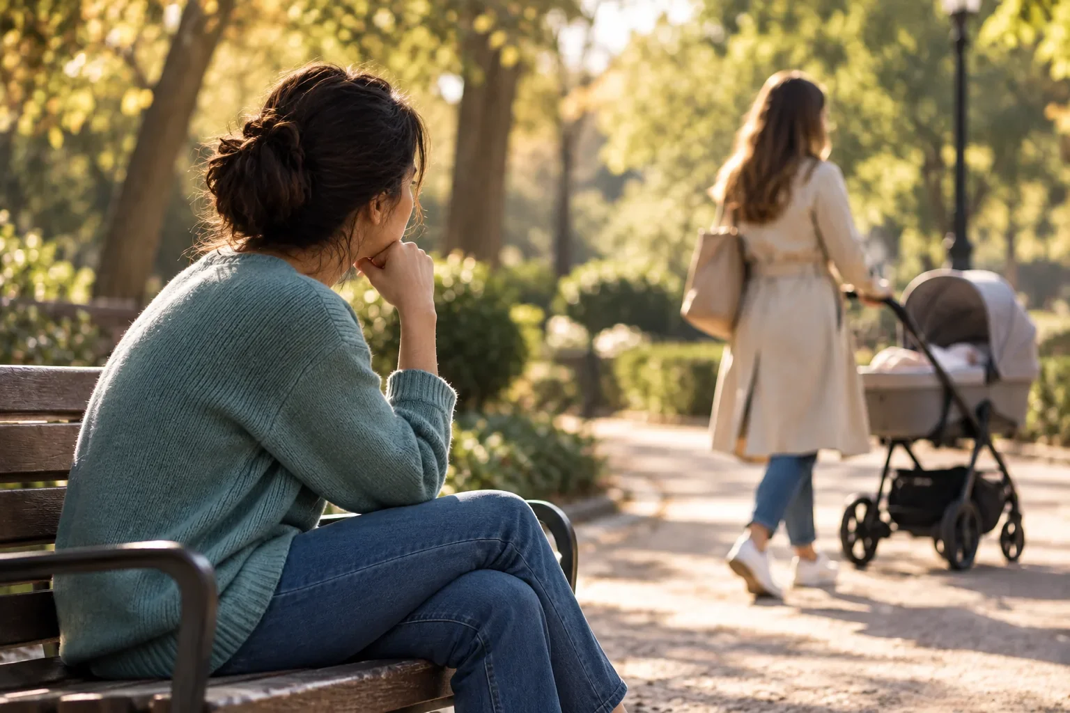 Mujer sentada pensativa en un banco de un parque soleado mientras observa a una madre que pasea con un carrito de bebé. Imagen sobre psicología perinatal.