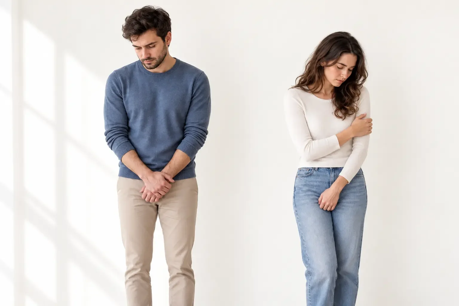 Pareja joven con gestos de bloqueo y malestar ante las disfunciones sexuales