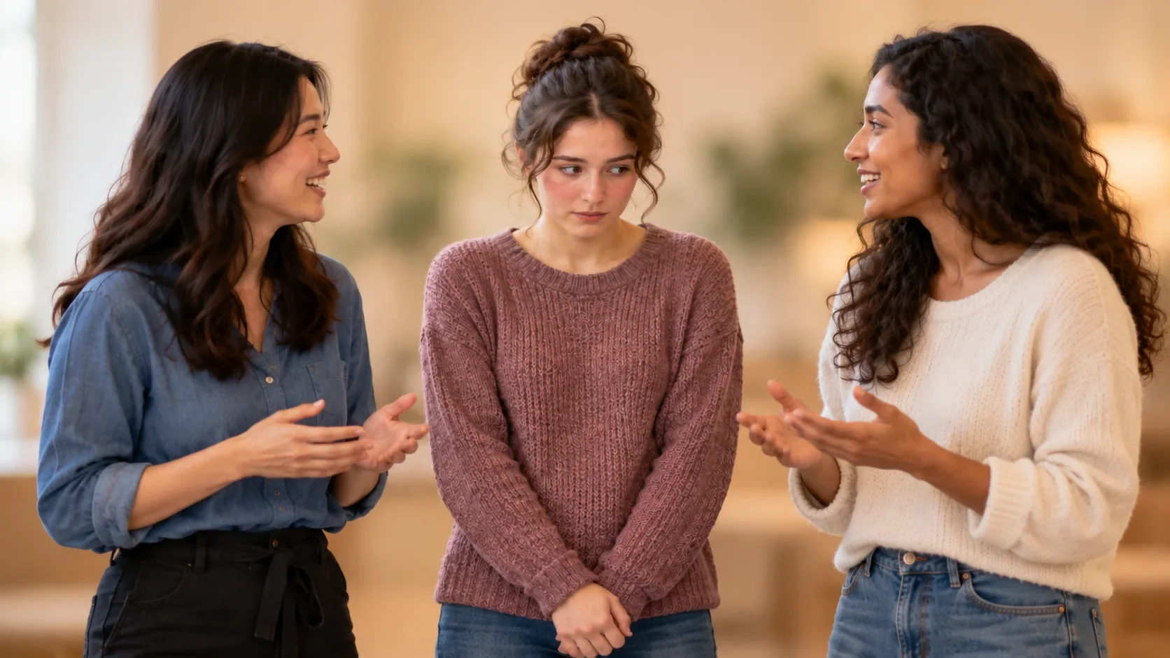 Mujer sonrojada y retraída entre otras dos mujeres que conversan con naturalidad