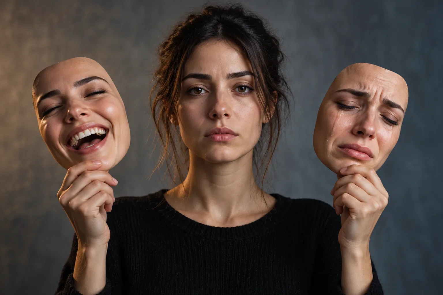 Mujer con expresión neutra que sostiene dos máscaras de su propio rostro, una riendo y otra llorando, como representación simbólica del trastorno bipolar.