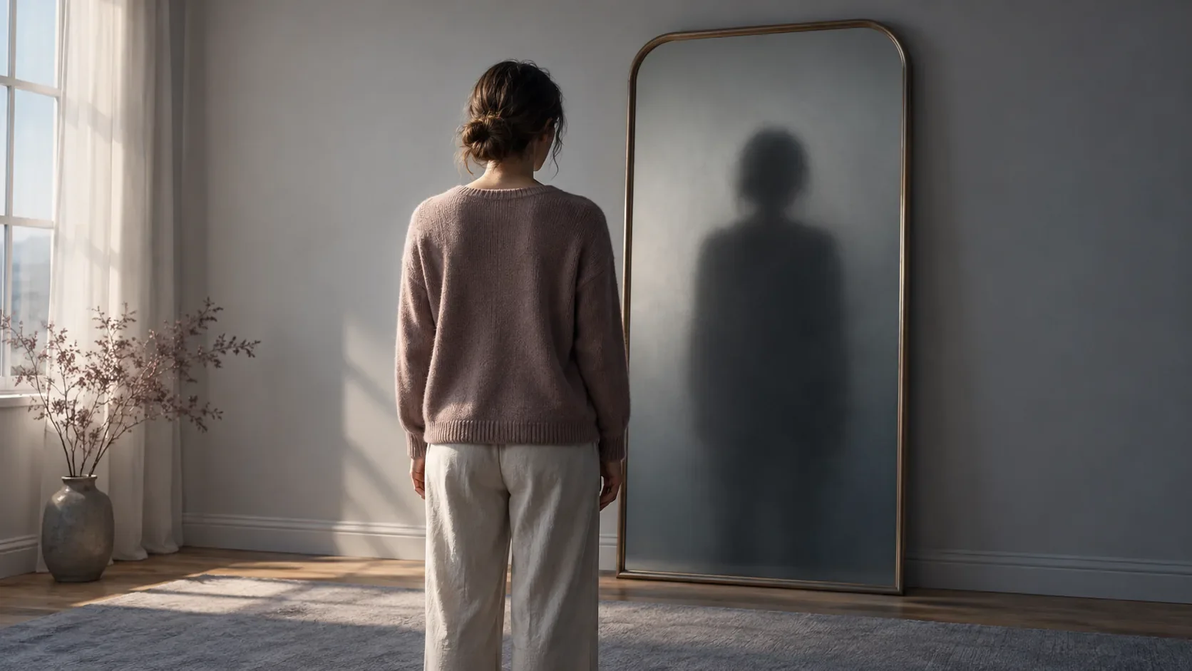 Persona ante un espejo que refleja una sombra difusa como símbolo de desconexión y sufrimiento emocional