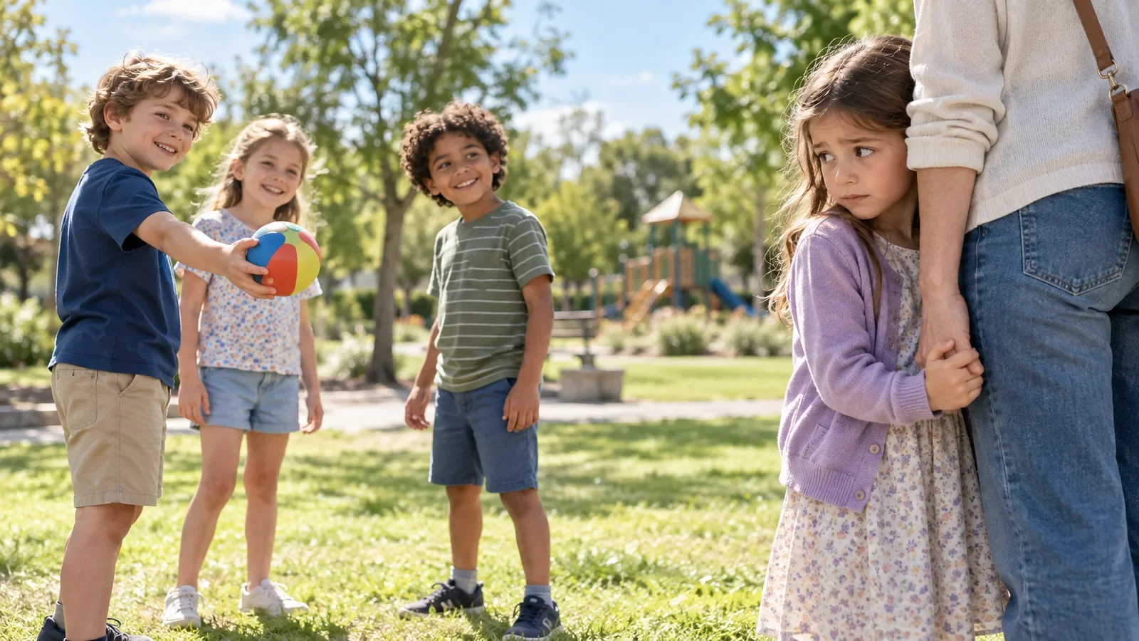 Niña con ansiedad infantil se refugia junto a su madre mientras otros niños la invitan a jugar