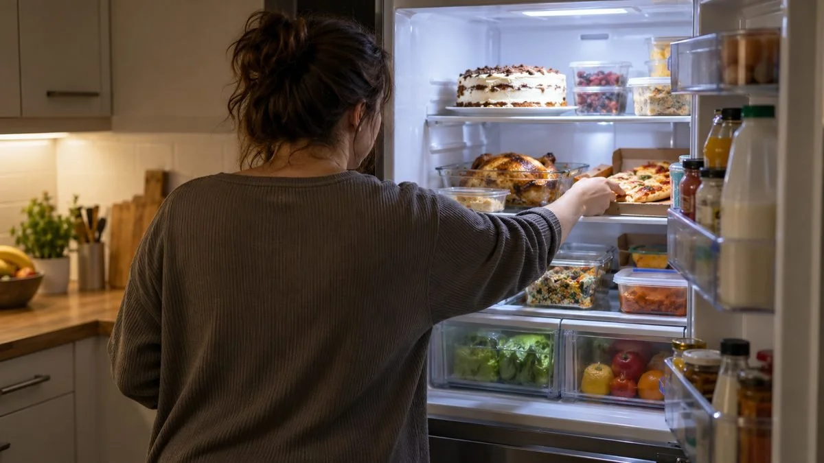 Persona de espaldas cogiendo comida de una nevera abierta con tartas, pollo asado y otros alimentos, sin utilizar un plato.