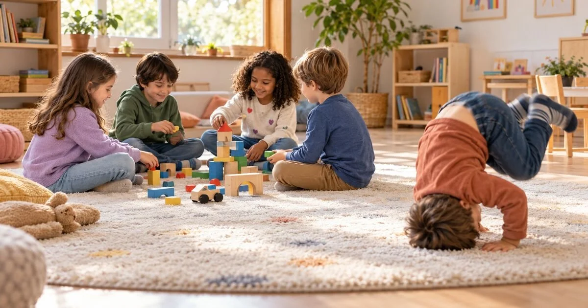 Grupo de niños jugando sentados en el suelo mientras otro niño, ajeno a la actividad, hace una voltereta sobre la alfombra.