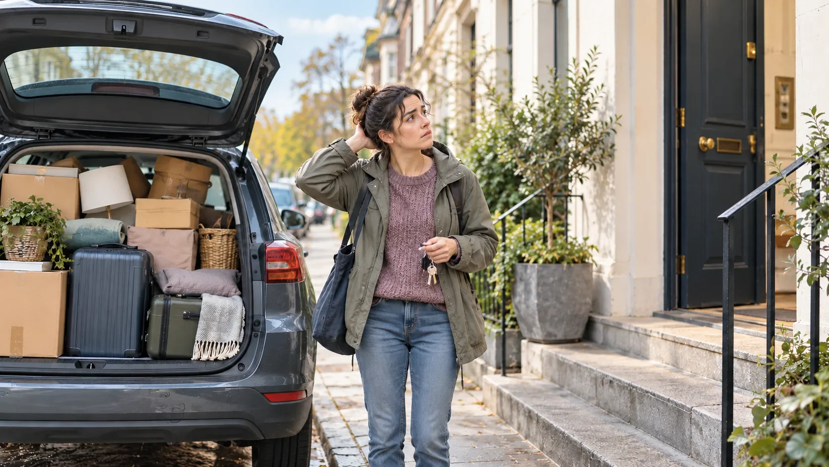 Persona desorientada ante una nueva vivienda con el coche lleno de cajas y maletas