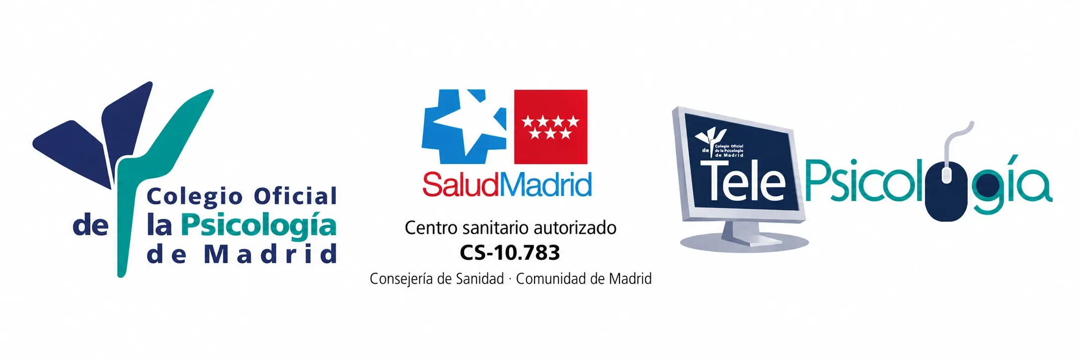 Logotipos del Colegio Oficial de la Psicología de Madrid, SaludMadrid y TelePsicología. Consulta Psicológica Villaverde, centro sanitario autorizado CS-10.783.