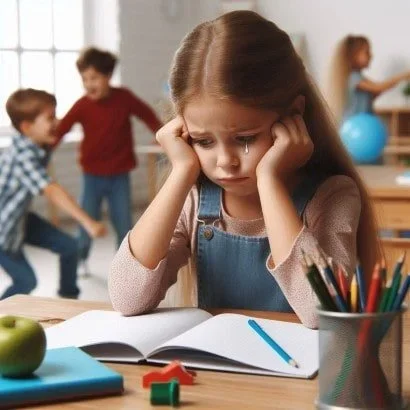 niña triste sentada sola en un pupitre mientras sus compañeros juegan ignorándola