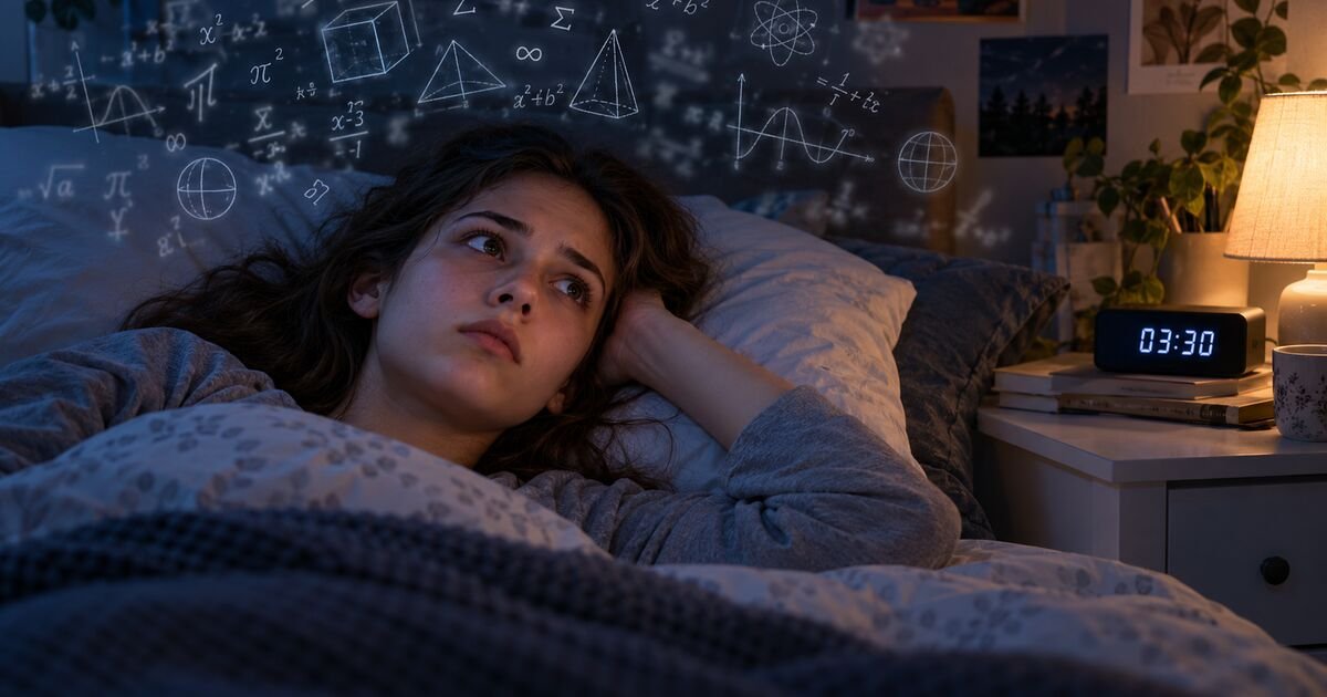 Adolescente con ansiedad ante los estudios permanece despierta en la cama mientras piensa en fórmulas matemáticas a las tres y media de la madrugada.