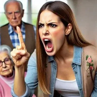 mujer gritando a su marido delante de sus suegros