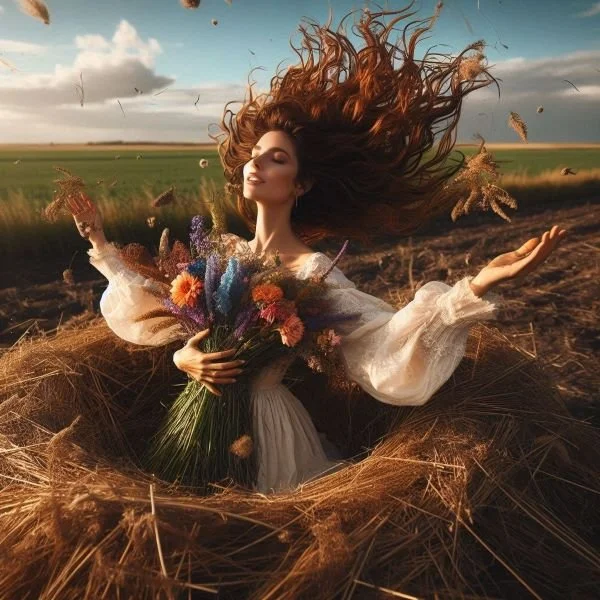 mujer emergiendo de la tierra con el cabello al viento y flores en las manos
