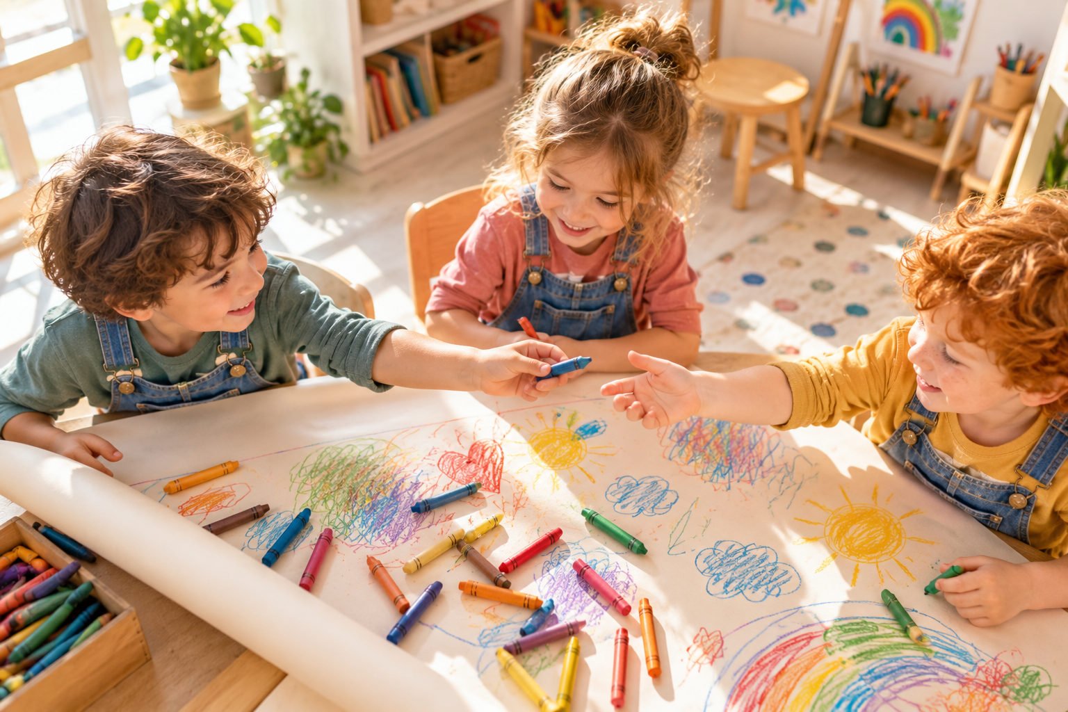 Tres niños comparten ceras de colores mientras dibujan juntos sobre papel continuo en un aula luminosa, practicando habilidades sociales infantiles.