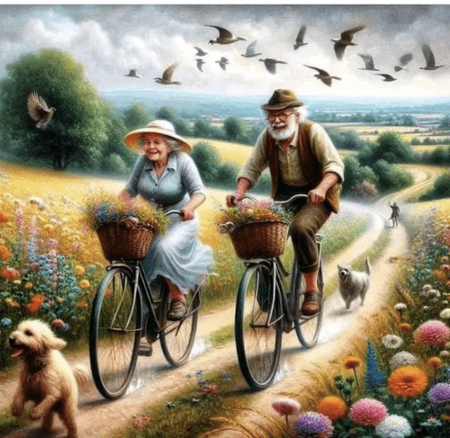 personas mayores paseando en bicicleta por el campo con sus perros