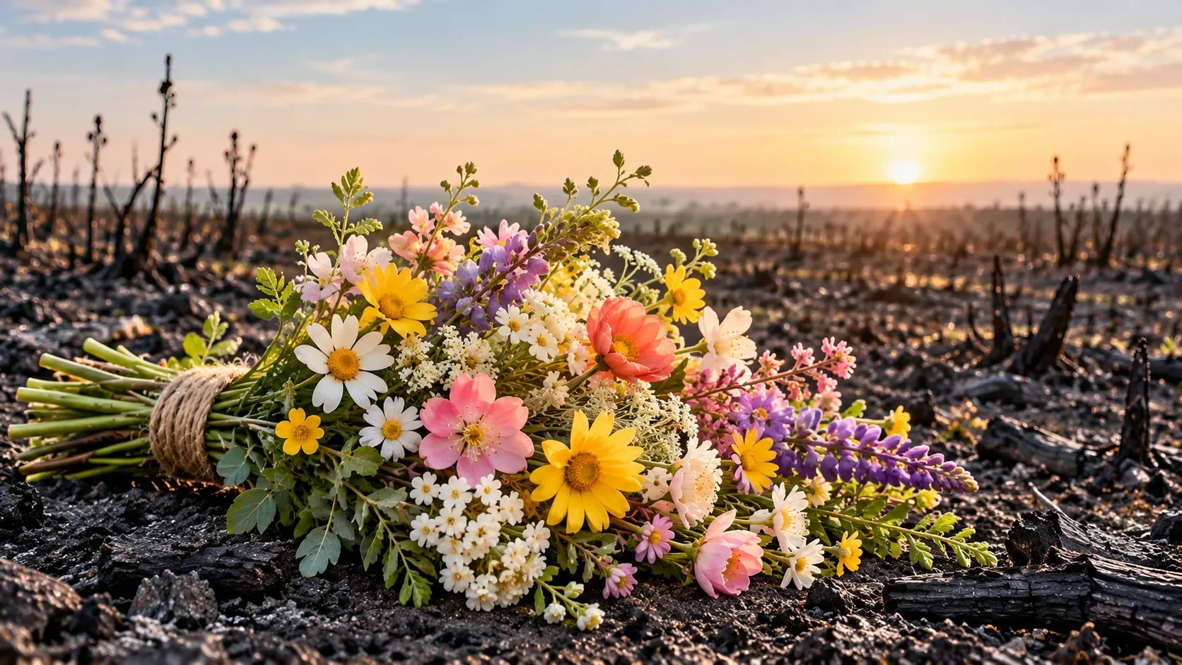 Flores primaverales sobre una tierra quemada como símbolo de recuperación después de un trauma