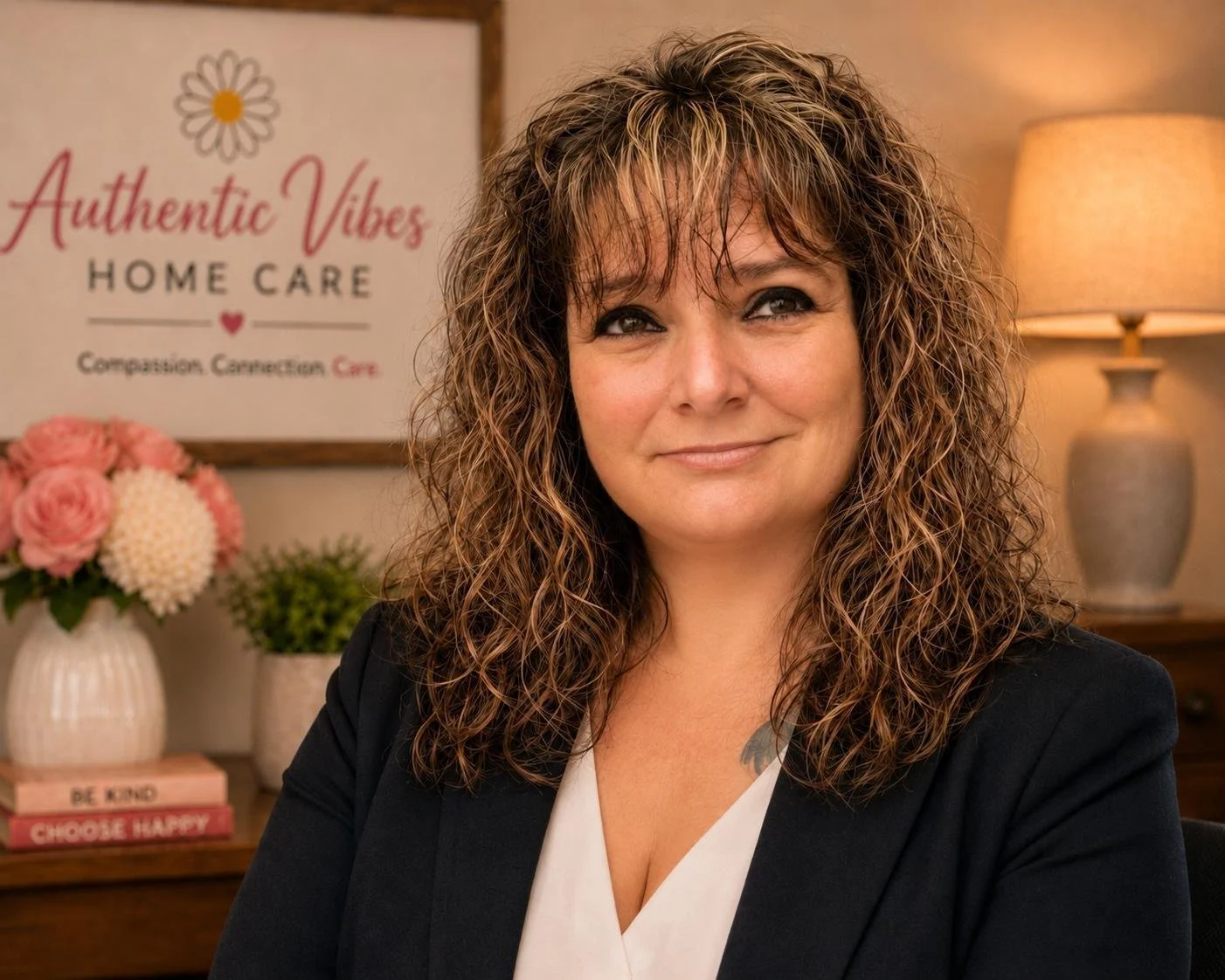 Tammy smiles up at something to her left. Her curly hair is a golden brown and she wears a black blazer and white shirt.