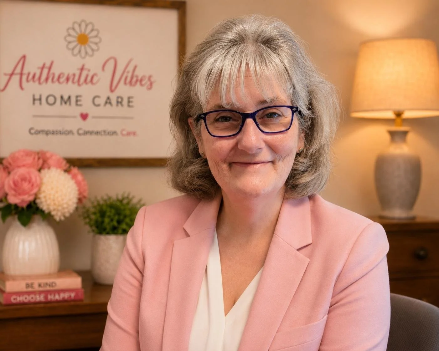 Christina directs her warm smile at the camera. She wears black glasses and a pink blazer and her grey hair is worn loose.