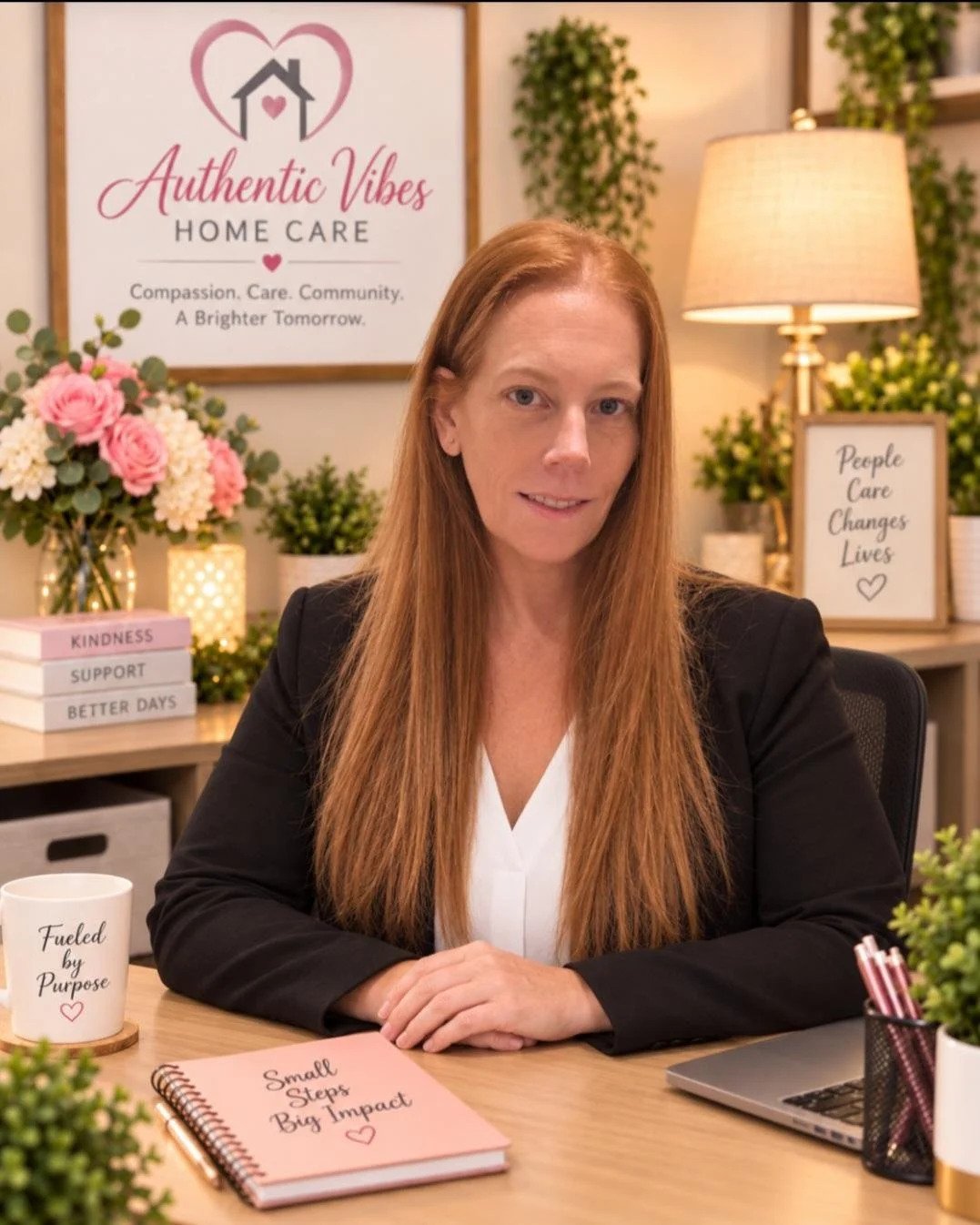 Caroline smiles at the camera, her hands folded. Her golden hair is straight and she wears a white blouse and black jacket.