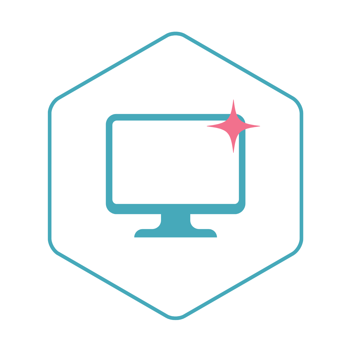 Icon of a computer monitor with a pink starburst or spark on the upper right corner, outlined in blue within a hexagon outline.