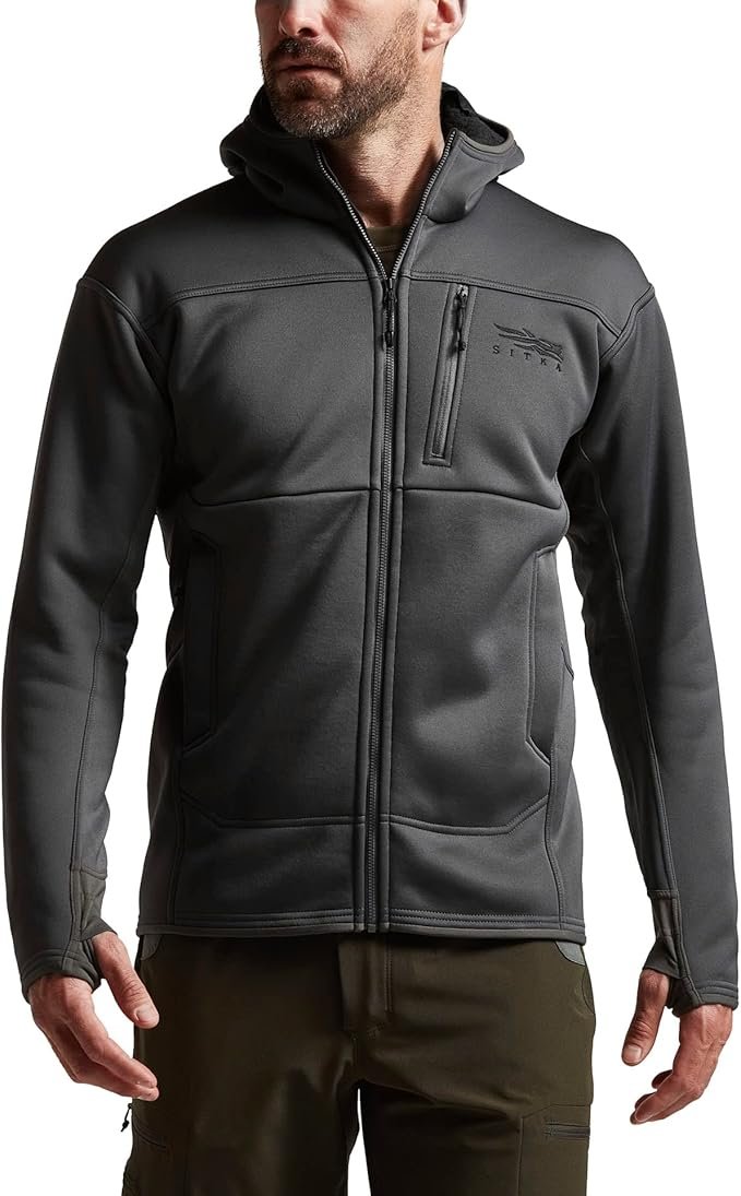 SITKA Men’s Traverse hunting hoody in charcoal gray, lightweight soft-shell jacket designed for warmth, mobility, and outdoor performance”