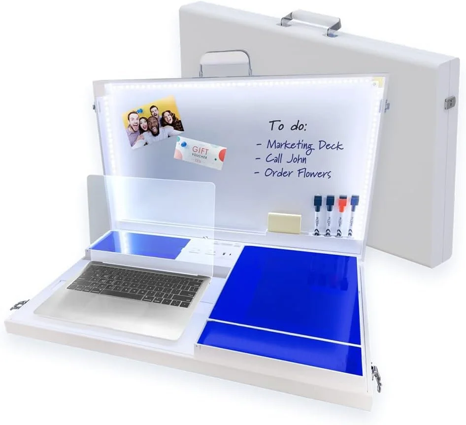 Portable foldaway workstation desk with dry erase board, laptop tray, and storage compartments for mobile workspaces