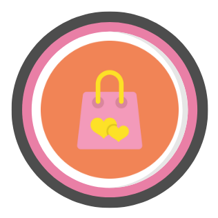 Colorful icon of a pink shopping bag with yellow hearts, inside a circular pink, white, and gray border.