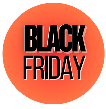 Black Friday sale announcement on an orange circular background.