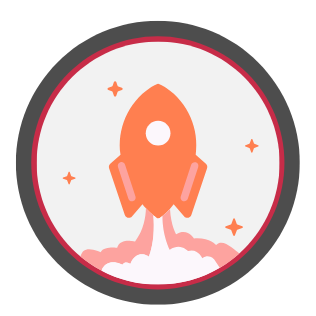 Stylized orange rocket launching with clouds and stars around it.