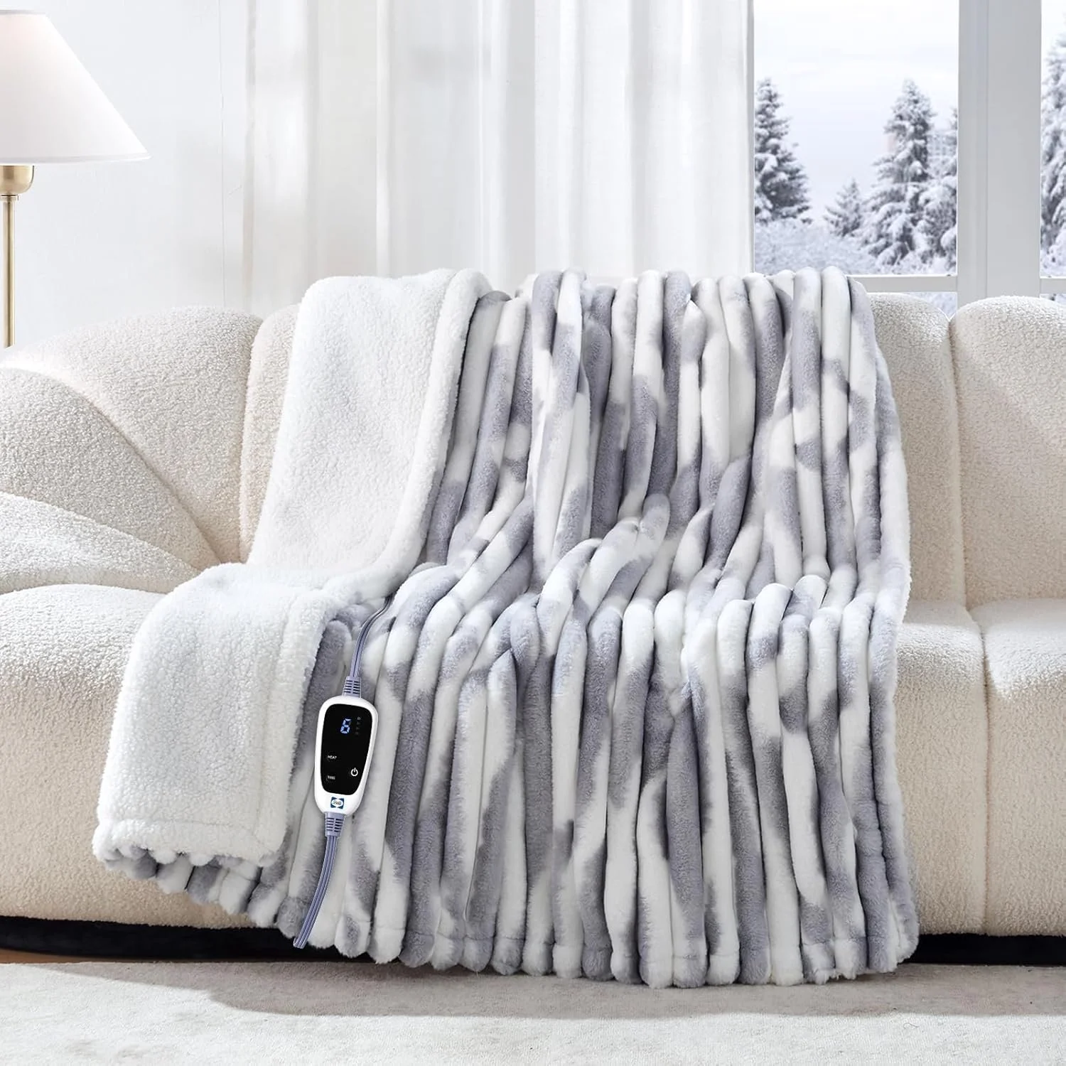 Sealy electric heated throw blanket, reversible faux fur and sherpa design, blue and white 50x60 inch size with heat controls