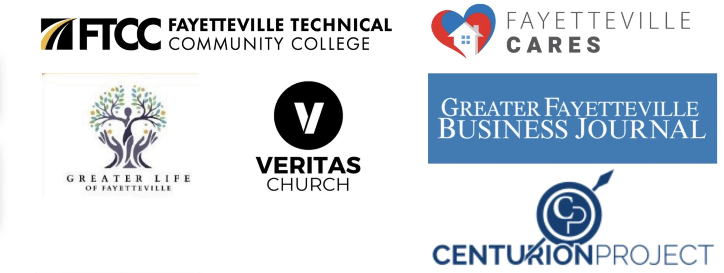 Logos of Fayetteville Technical Community College, Fayetteville Cares, Greater Life of Fayetteville, Veritas Church, Greater Fayetteville Business Journal, Centurion Project.