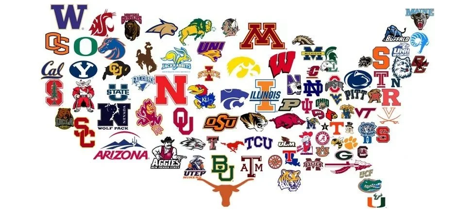 An illustration of a heart made up of college sports team logos, including universities like USC, Oklahoma, Texas, Michigan, and Florida among others.
