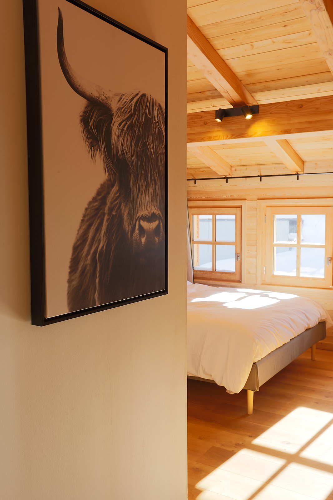 Une photo d'une chambre en bois avec un lit et deux fenêtres, éclairée par la lumière naturelle.