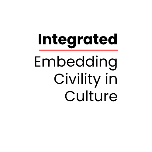Book cover titled 'Integrated Embedding Civility in Culture' with plain white background and black text, with a red underline under the word 'Integrated'.