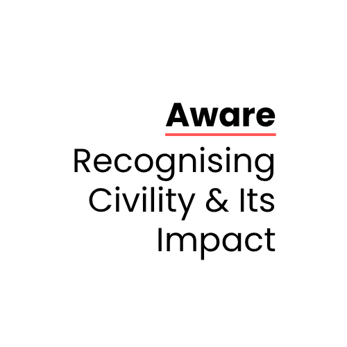 Text stating: 'Aware' in bold with a red underline, followed by 'Recognising Civility & Its Impact' in regular font.