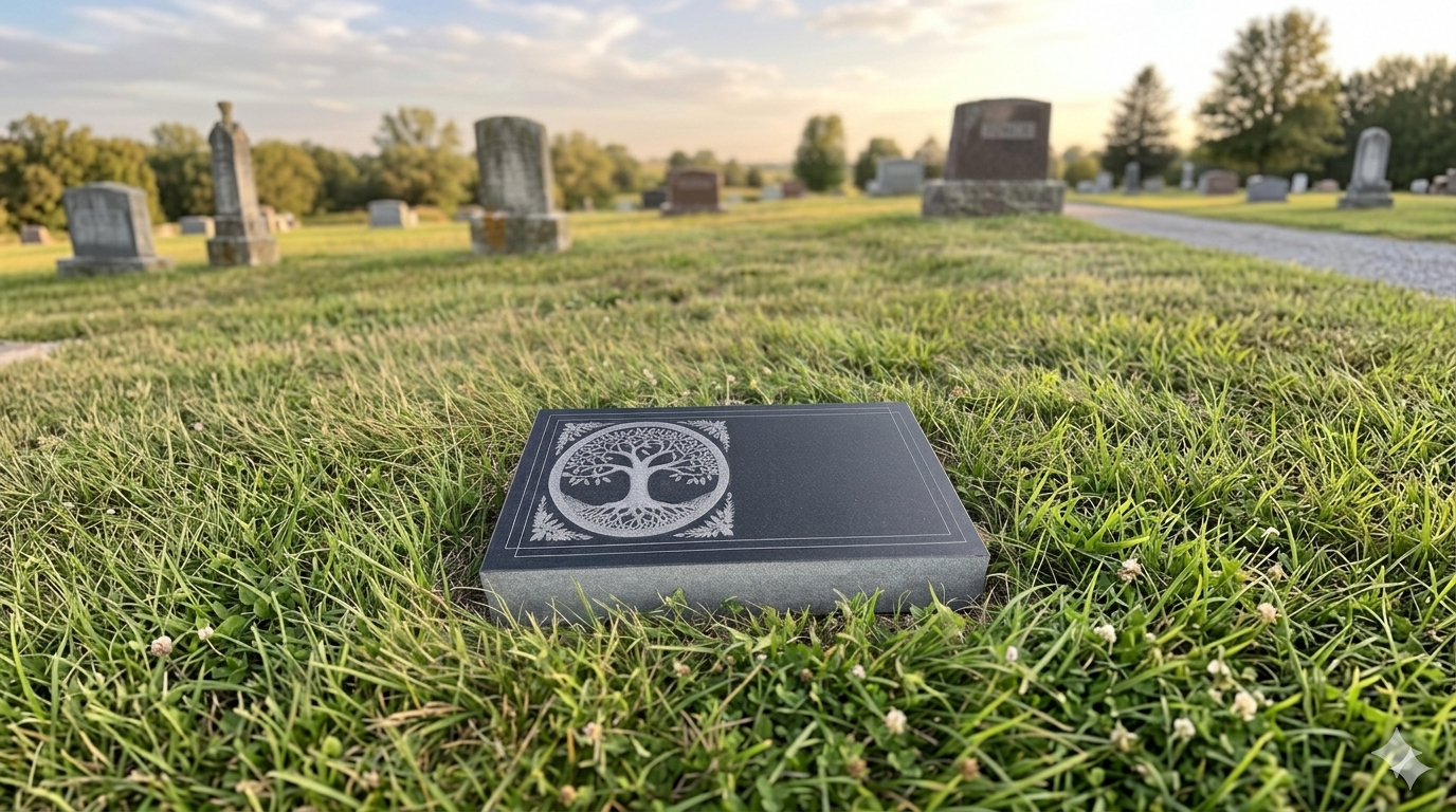 Polished black granite flat marker featuring a laser-etched Tree of Life design nestled in Iowa cemetery grass.