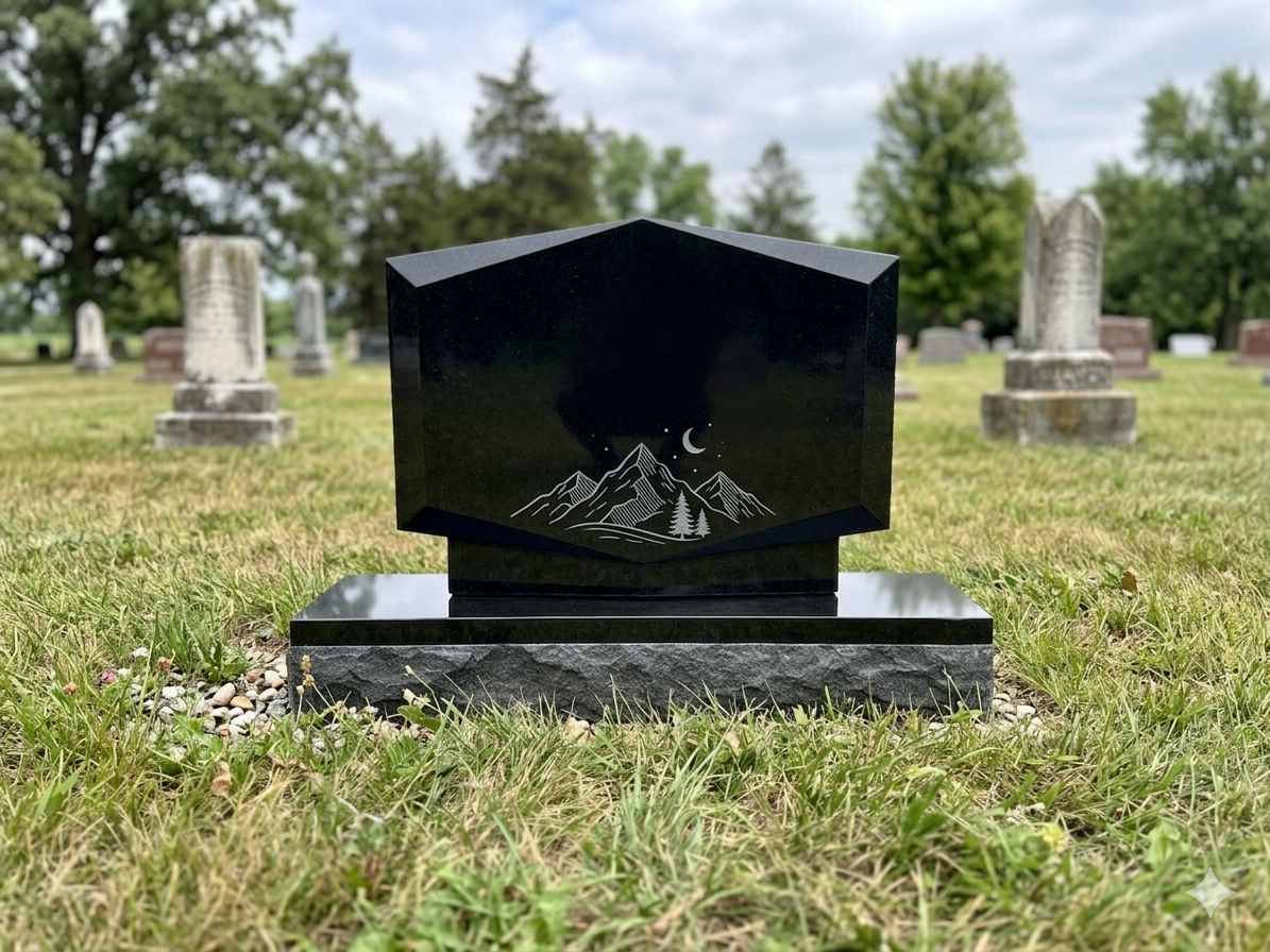 Unique black granite single upright headstone, defined by hexagonal shape and laser-engraved mountain scene set in Iowa cemetery