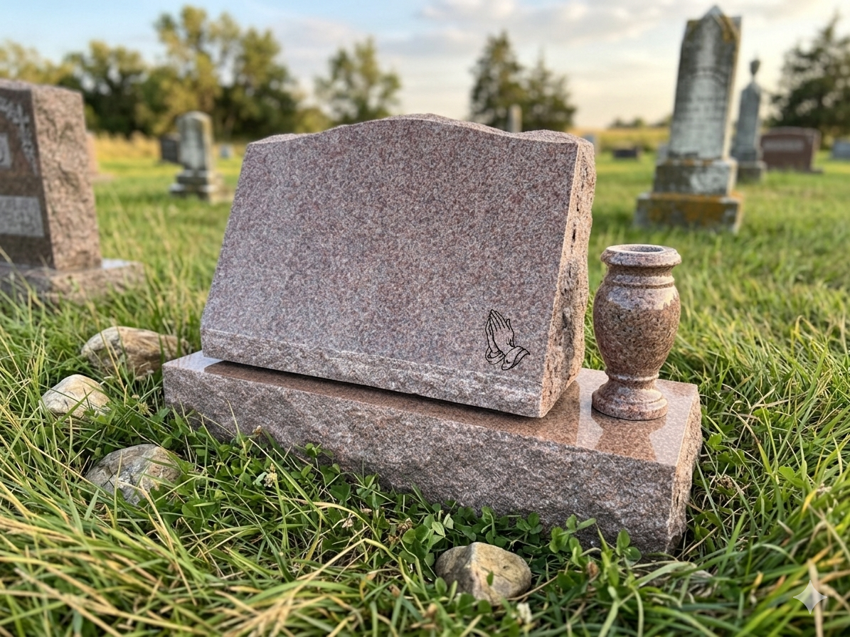 Pink granite slant marker with a matching granite vase set in an Iowa prairie cemetery