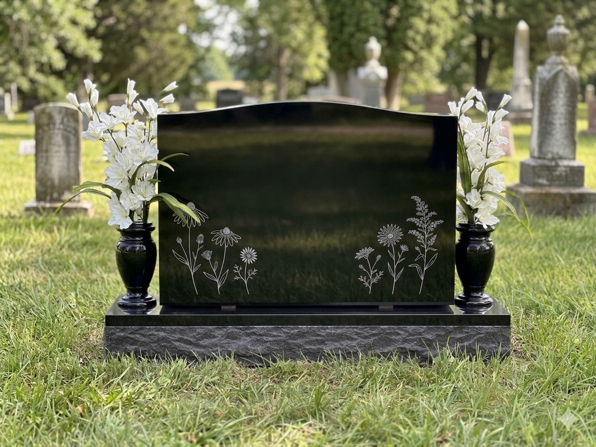 Companion Upright Black Granite Headstone with Matching Vases and Wildflower Engraving