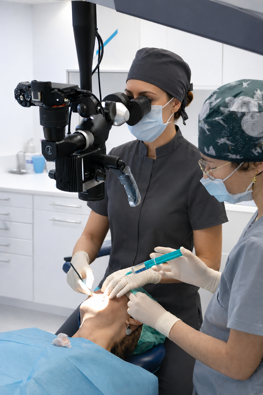 Médicas realizando un procedimiento en la boca de una paciente en un entorno clínico con equipo especializado.