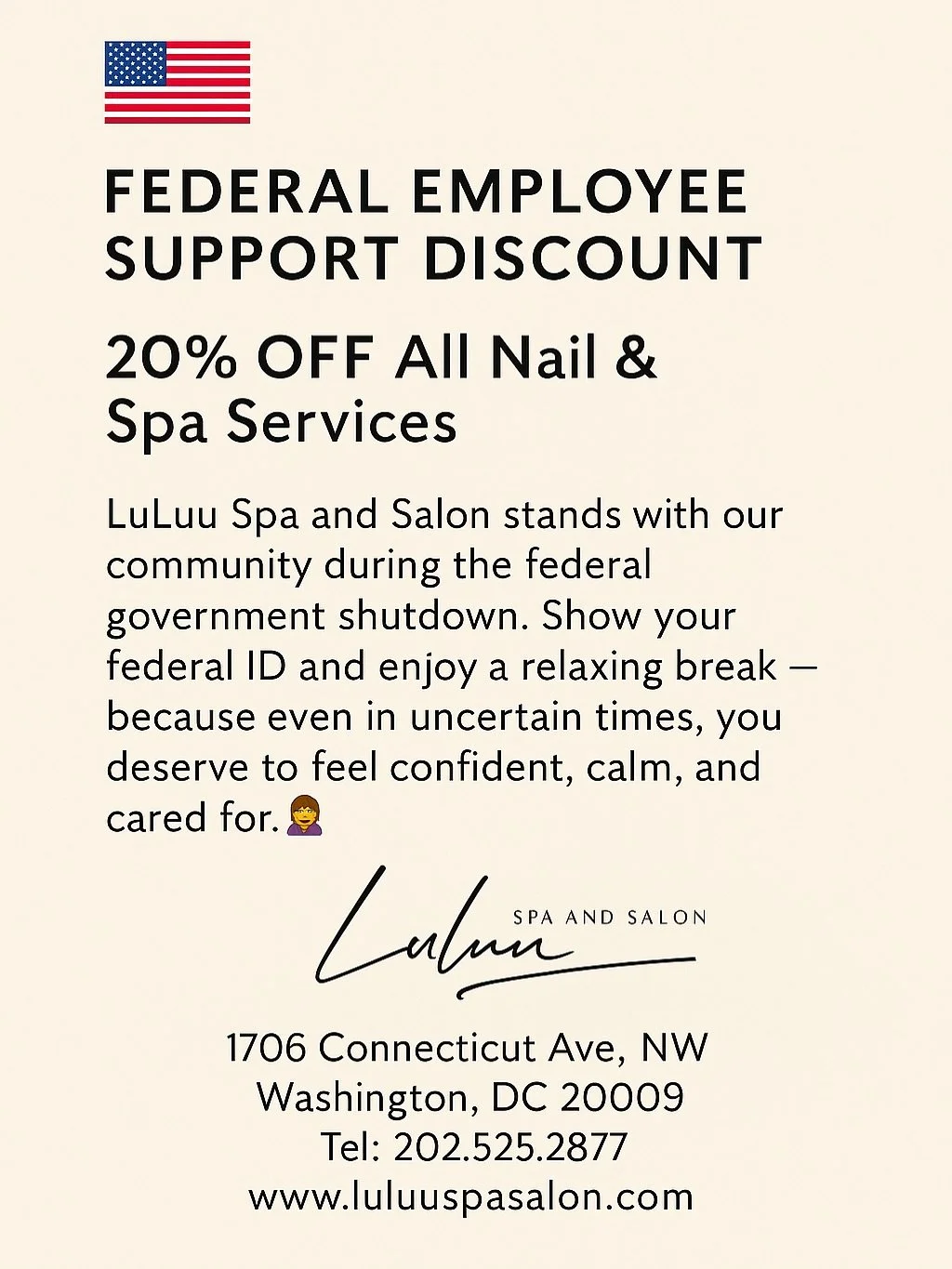 @LuLuuSpaSalon believes everyone deserves self-care — especially during tough times. 💅✨
If you’ve been laid off or furloughed, we’re offering 20% off all nail and spa services just for you.
Come relax, reset, and let us pamper you