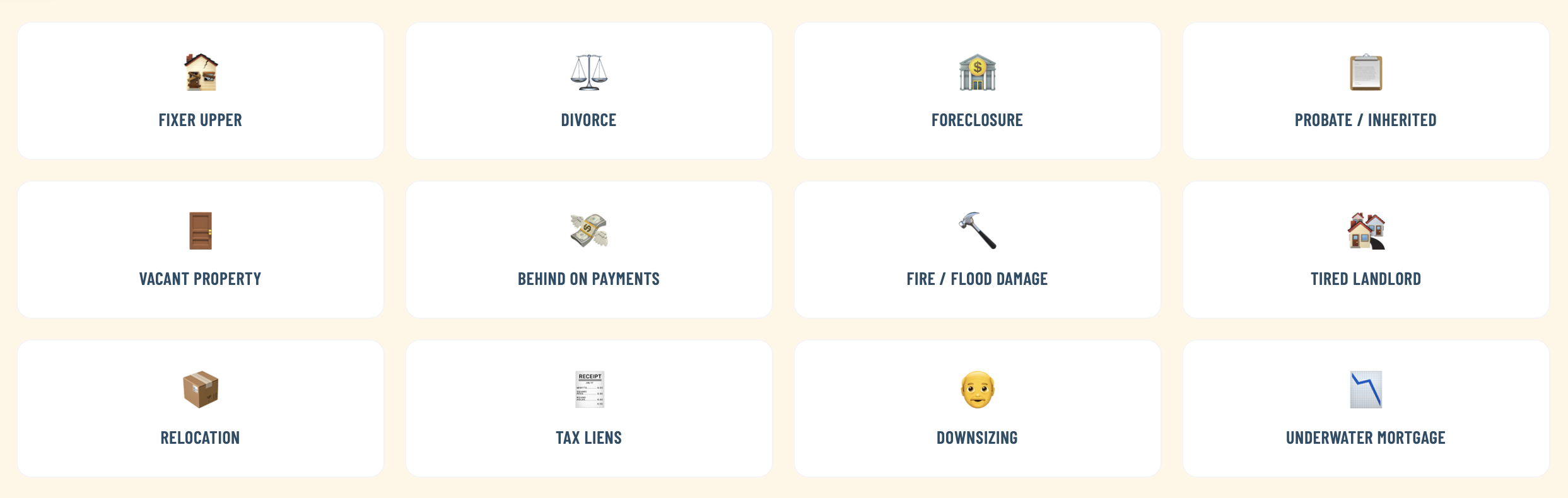 Screenshot of a real estate or legal service website with icons and labels for various services including fixer upper, divorce, foreclosure, probate/inherited, vacant property, behind on payments, fire/flood damage, tired landlord, relocation, tax liens, downsizing, and underwater mortgage.