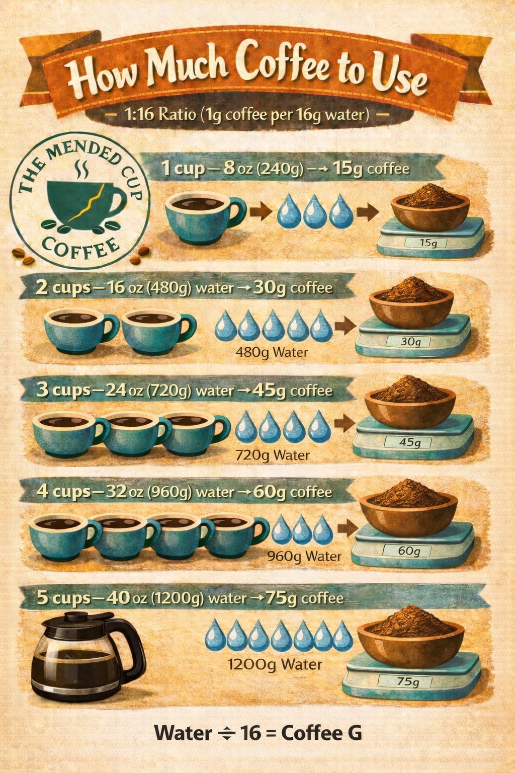Simple coffee ratio chart showing the 1:16 coffee to water ratio for brewing coffee