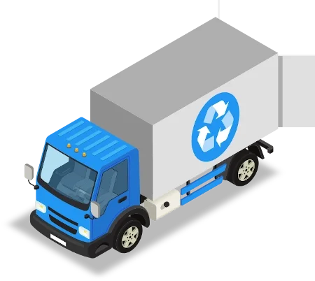 Illustration of a recycling truck with a blue cab and a grey recycling symbol on the side.