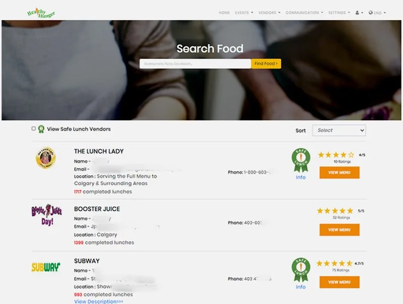 Website page featuring a search bar for food, with sections showing lunch vendors, including The Lunch Lady, Booster Juice, and Subway, each with vendor logos, ratings, and 'View Menu' buttons.