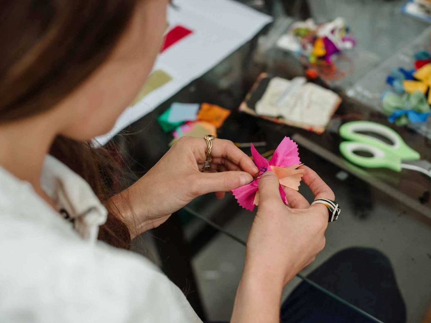 &ldquo;I work with a process called colour discharge printing which allows you to work on coloured grounds, and the dyes to become part of the fabric rather than sit on top. Essentially within the print dye paste there is a chemical that reacts to st