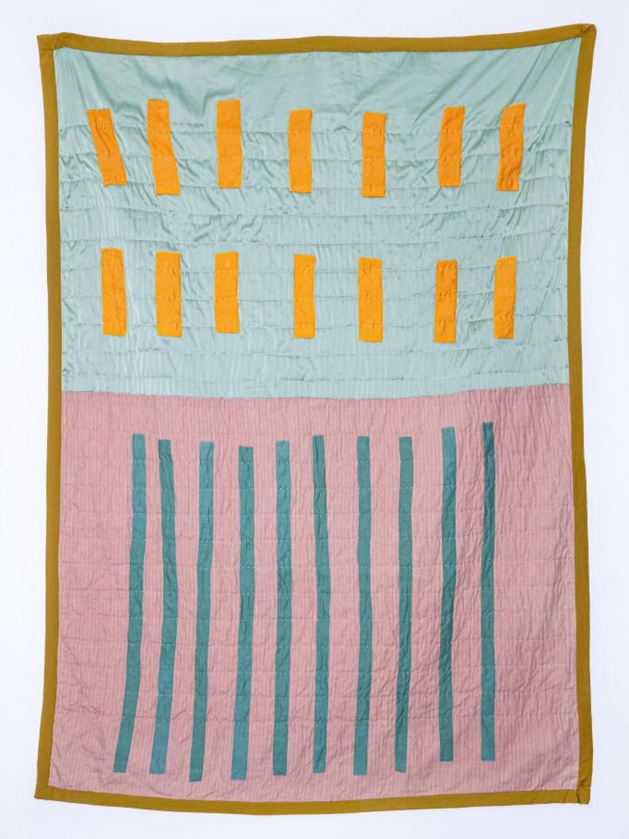 Rencontre, hand-sewn by Rapha&euml;lle Doineau in Brussels. Layers of pink, green, orange, and ochre create gentle colour relationships across the surface. It reflects Rapha&euml;lle&rsquo;s thoughtful approach to colour, composition, and the express