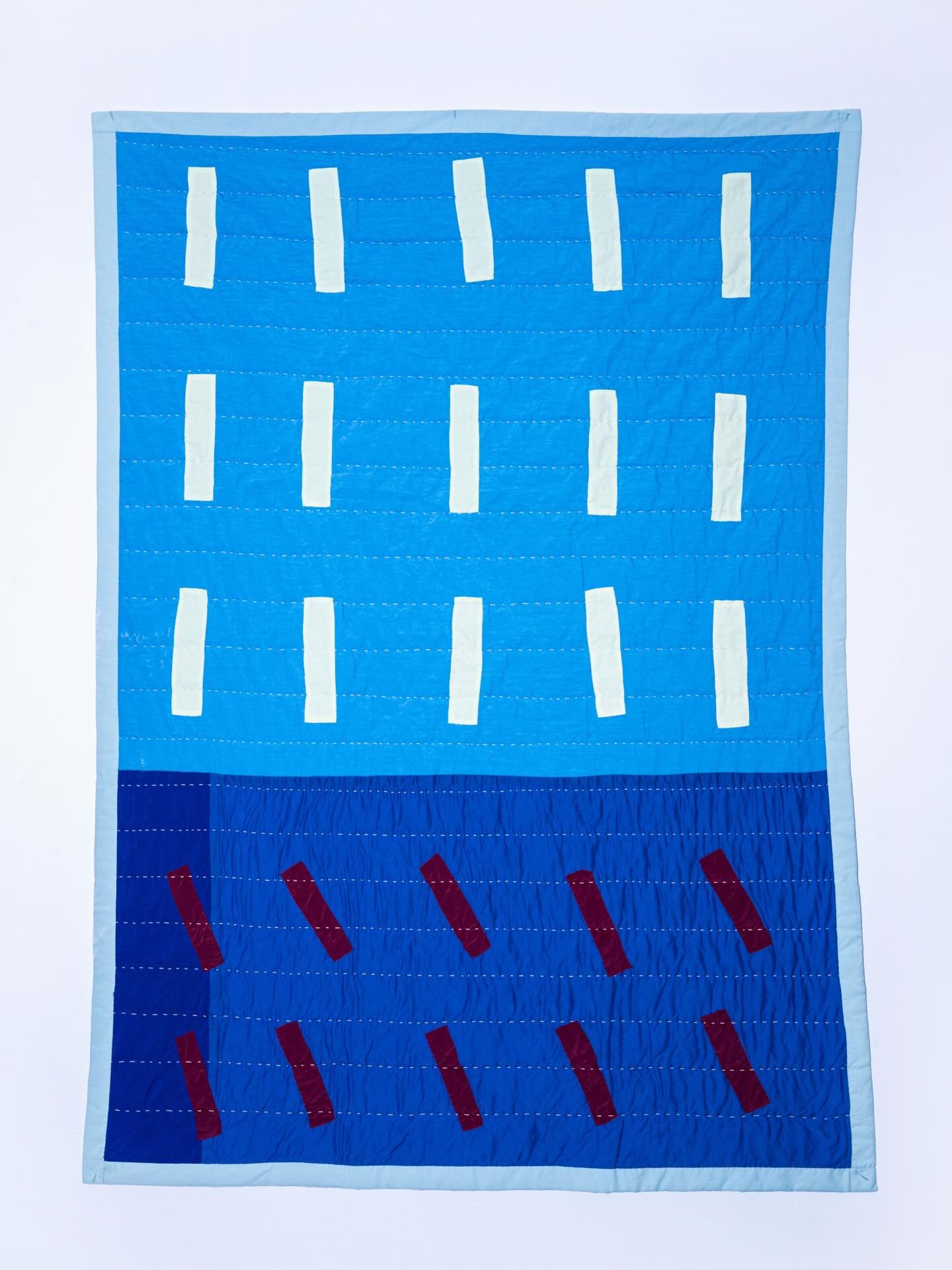 Cr&eacute;puscule hand-sewn by Rapha&euml;lle Doineau in Brussels. Layers of light blue, dark blue, burgundy, light green back light blue create gentle colour relationships across the surface. It reflects Rapha&euml;lle&rsquo;s thoughtful approach to