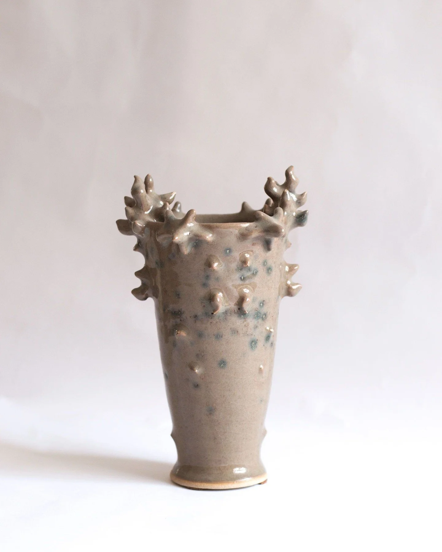 Ramaria Vessel is wheel thrown and hand sculpted by Ioulia Chante in Malta. Made in white stoneware mixed with stainless steel residue flakes, the piece draws from fungal forms, developing an organic, branching presence through its sculptural surface