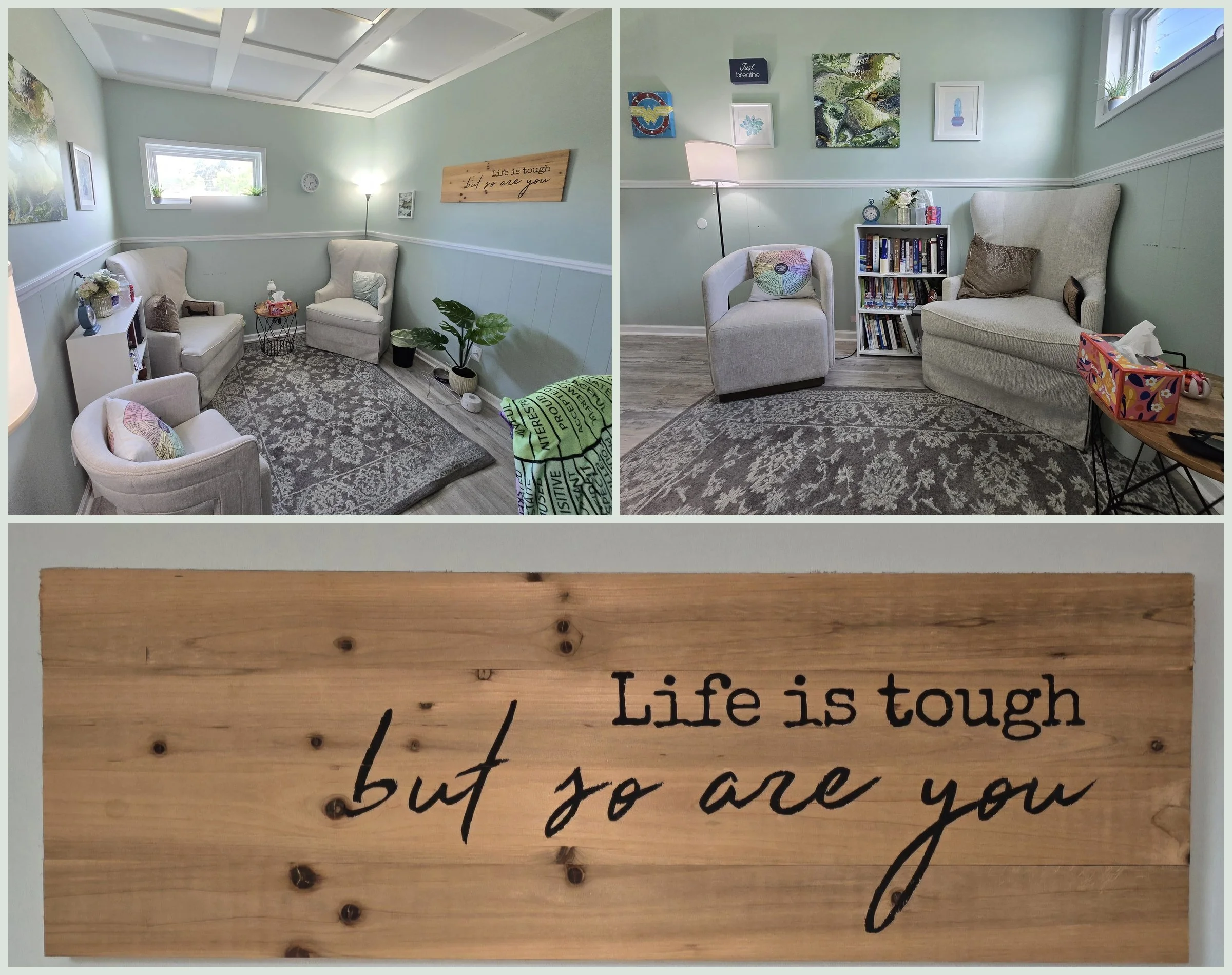 Close-up of a wooden sign with the handwritten message, 'Life is tough but so are you.'