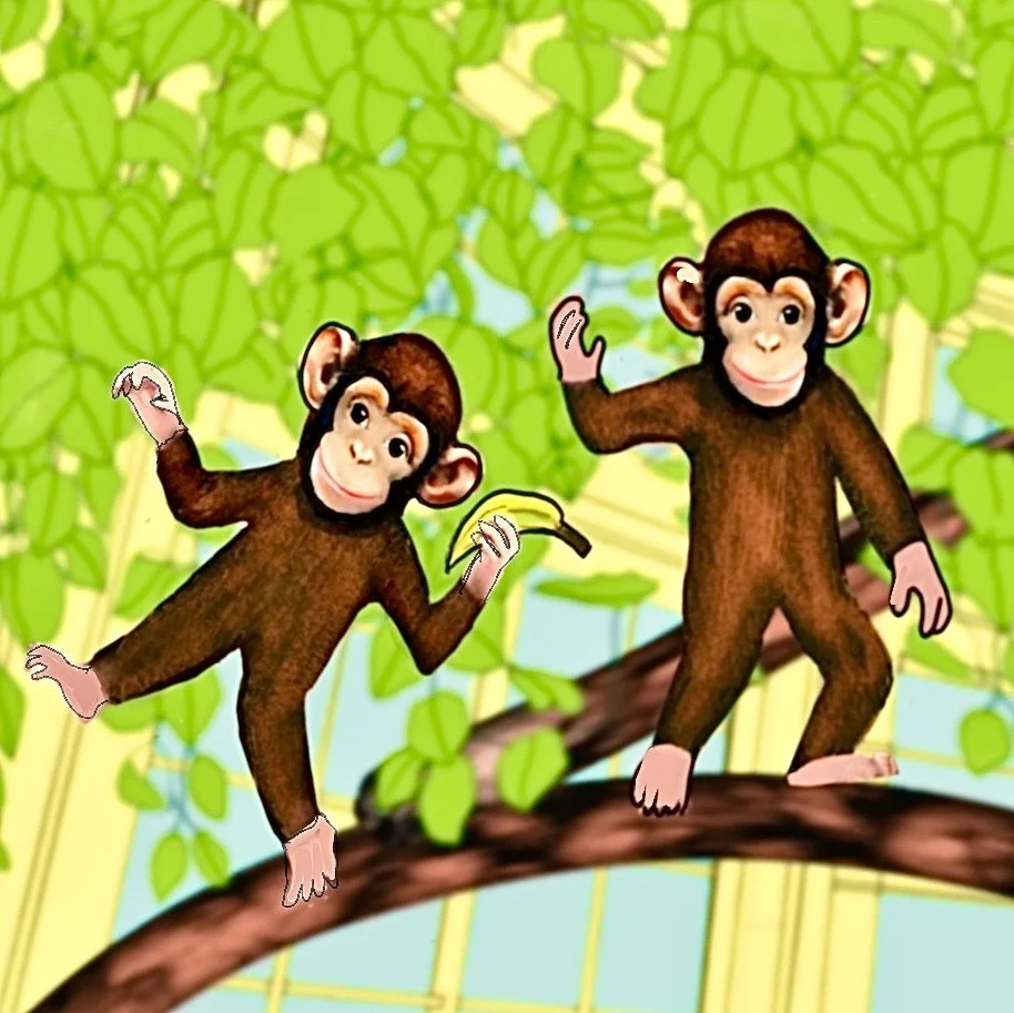 Two animated monkeys standing on a tree branch in a lush green jungle.